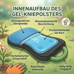 Cross-section detail of the kniepolster garten gel mit tragegriff showing inner gel and foam layers.