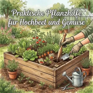 A close-up view of a garden bed shows the proper spacing achieved with a pflanzhilfe für hochbeet und gemüse.