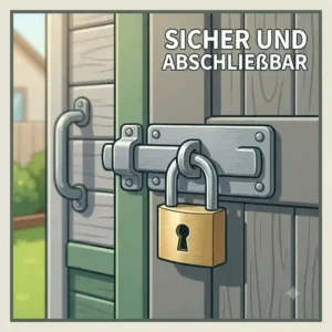 Nahaufnahme von einem gartengeräte schuppen kunststoff abschließbar mit sicherem Verriegelungsmechanismus.
