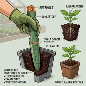 Eine informative Übersicht und Grafik über das setzholz aus kunststoff für jungpflanzen mit Details zu Maßen und Vorteilen.