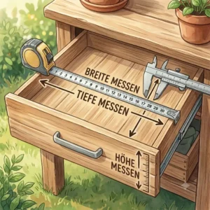 A technical diagram showing how to measure a drawer before installing a "gartengeräte organizer für schubladen".
