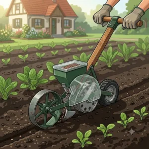 Technische Illustration einer handsämaschine für reihensaat mit beschrifteten Bauteilen wie Sätrommel und Griff.