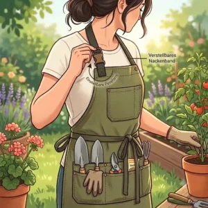 Close-up of practical, filled pockets holding tools on a robust gartenschürze mit verstellbarem nackenband.