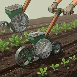 Grafische Darstellung zur Funktionsweise einer manuellen Sämaschine bei der exakten handsämaschine für reihensaat von Gemüse.