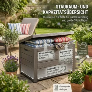Infographic about the storage capacity and internal volume of the gartengeräte kiste wasserdicht für auflagen.