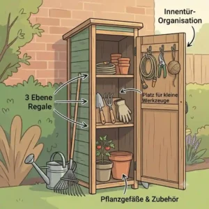 An interior view of a geräteschrank garten schmal und hoch, showing practical shelves and hooks for organized storage.