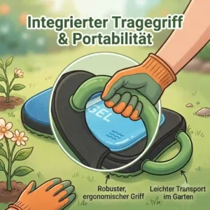 Close-up of the integrated carrying handle on the kniepolster garten gel mit tragegriff.