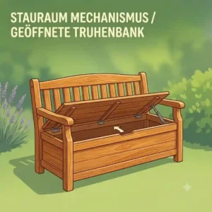 Geöffnete gartenbank mit stauraum holz wetterfest mit Blick auf das Innenfach.