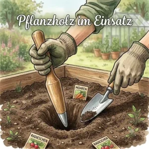 A gardener demonstrates how to use a seed dispenser, which serves as a pflanzhilfe für hochbeet und gemüse.
