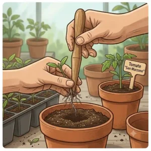 Illustration showing the correct use of a pikierstab when transplanting delicate seedlings into larger pots.