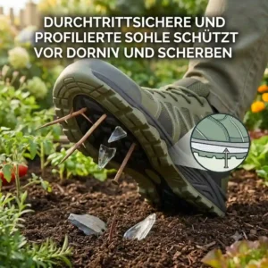 A close-up view of the rugged, puncture-resistant sole tread found on these "sicherheitsschuhe garten stahlkappe leicht".