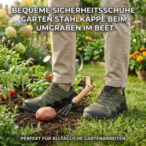 A gardener kneeling and working in a raised garden bed, wearing comfortable "sicherheitsschuhe garten stahlkappe leicht".