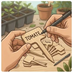 Close-up illustration of a gardener writing plant names on the wooden beschriftungsplaettchen from the set.