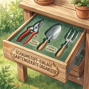 A customized foam shadow board insert acting as a "gartengeräte organizer für schubladen" for hand tools.