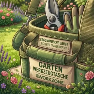 Focus on the ergonomic carrying handles and padded shoulder strap of the werkzeugtasche garten mit vielen fächern.