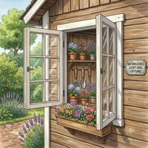 Ein praktischer geräteschuppen holz mit fenster und lüftung mit geöffnetem Fenster.