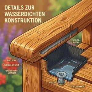 Detailaufnahme von Material und Verarbeitungsqualität der gartenbank mit stauraum holz wetterfest.