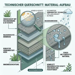 Technical diagram showing the UV protection and material layers of the gartengeräte kiste wasserdicht für auflagen.