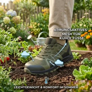 A macro shot showcasing the breathable mesh fabric upper of the "sicherheitsschuhe garten stahlkappe leicht" with airflow icons.