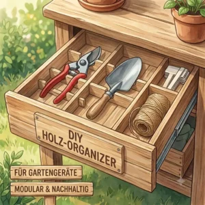 A perspective drawing of a wooden grid insert, designed as a "gartengeräte organizer für schubladen".