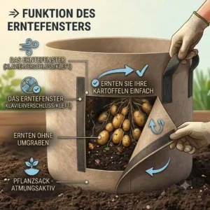 Illustration một Pflanzsack cho Kartoffelanbau với cửa sổ thu hoạch mở.