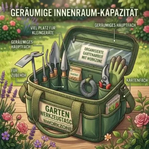 An open view demonstrating the large storage capacity of the werkzeugtasche garten mit vielen fächern with various tools inside.
