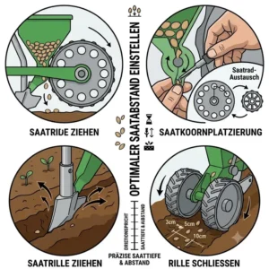 Detailzeichnung des Schars einer handsämaschine für reihensaat beim Ziehen der Saatrille und anschließendem Schließen.