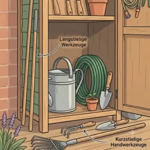 Long-handled tools like rakes and brooms are neatly stored inside the tall, slender frame of a geräteschrank garten schmal und hoch.