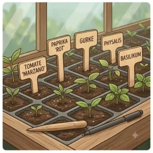 An organized seedling tray in a greenhouse using the pikierstab set mit beschriftungsplaettchen for identification.