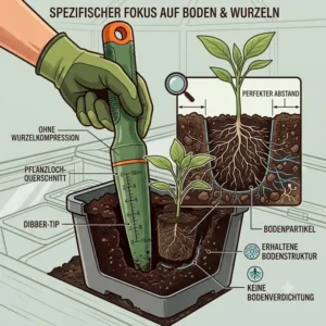 Detailansicht mit Fokus auf die präzise Messskala und Bodentiefe beim Nutzen von einem setzholz aus kunststoff für jungpflanzen.