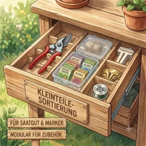 Close-up illustration of compartments sorting seeds and labels in a "gartengeräte organizer für schubladen".