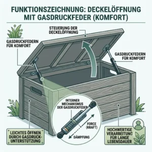 Function drawing of the convenient gas pressure spring opening lid on the gartengeräte kiste wasserdicht für auflagen.