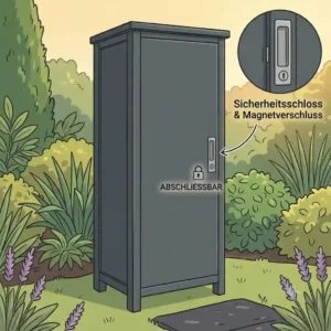 A trendy, dark gray geräteschrank garten schmal und hoch with a modern design, suitable for a contemporary garden setting.