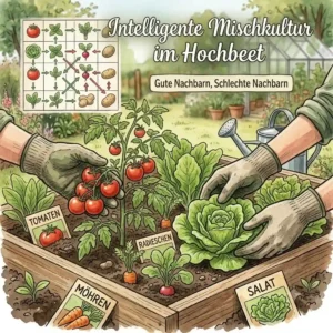 A gardener weeds and waters her raised bed, which she has maintained with a pflanzhilfe für hochbeet und gemüse.