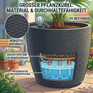 Detailed material and durability overview of a pflanzkübel mit bewässerungssystem groß.