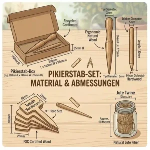 Infographic detailing the materials and exact dimensions of the pikierstab set mit beschriftungsplaettchen.