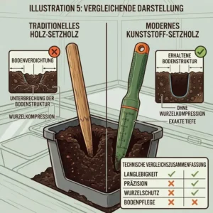 Eine vergleichende Darstellung zwischen einem traditionellen Holz-Setzholz und dem modernen setzholz aus kunststoff für jungpflanzen.
