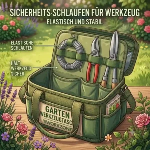 Showing the easy-to-clean and reinforced base of the werkzeugtasche garten mit vielen fächern on a garden path.
