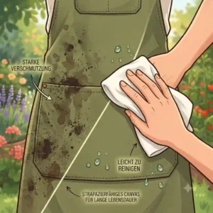 A woman easily wiping dirt and mud off a durable canvas gartenschürze mit verstellbarem nackenband.