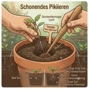Illustration demonstrating how to use the pikierstab for gentle transplanting to protect sensitive seedling roots.