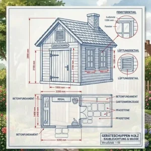 Technischer Entwurf für einen geräteschuppen holz mit fenster und lüftung.