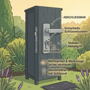 A secure, lockable door with a key ensures everything inside the geräteschrank garten schmal und hoch is protected.