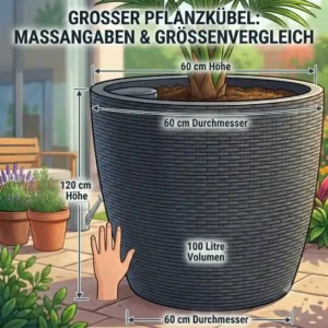 Infographic showing dimensions and size comparison of a pflanzkübel mit bewässerungssystem groß.