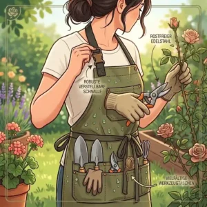 A gardener actively pruning thorny rose bushes while wearing a protective gartenschürze mit verstellbarem nackenband.