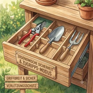 Graphic demonstrating safe and ergonomic tool placement inside a "gartengeräte organizer für schubladen".