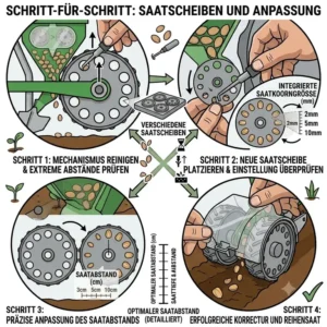 Anleitungsgrafik zum Wechseln der Sätrommel einer handsämaschine für reihensaat für unterschiedliche Korngrößen.