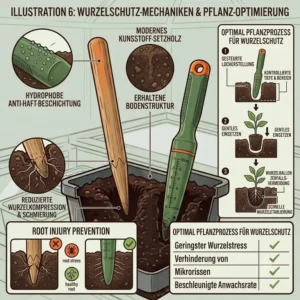 Infografik erklärt die Mechanismen zum Wurzelschutz und zur Pflanz-Optimierung durch das setzholz aus kunststoff für jungpflanzen.