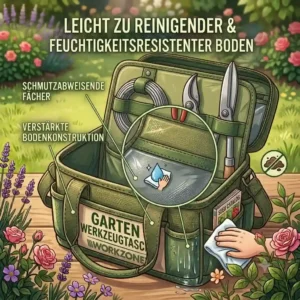 Detail of the secure zippers and varied sizes of exterior pockets on the werkzeugtasche garten mit vielen fächern.