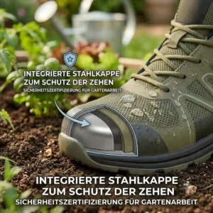 An illustrative diagram showing a cross-section of the reinforced steel toe cap inside these "sicherheitsschuhe garten stahlkappe leicht".