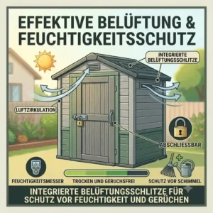 Integrierte Lüftungsschlitze bei einem gartengeräte schuppen kunststoff abschließbar verhindern Staunässe im Inneren.